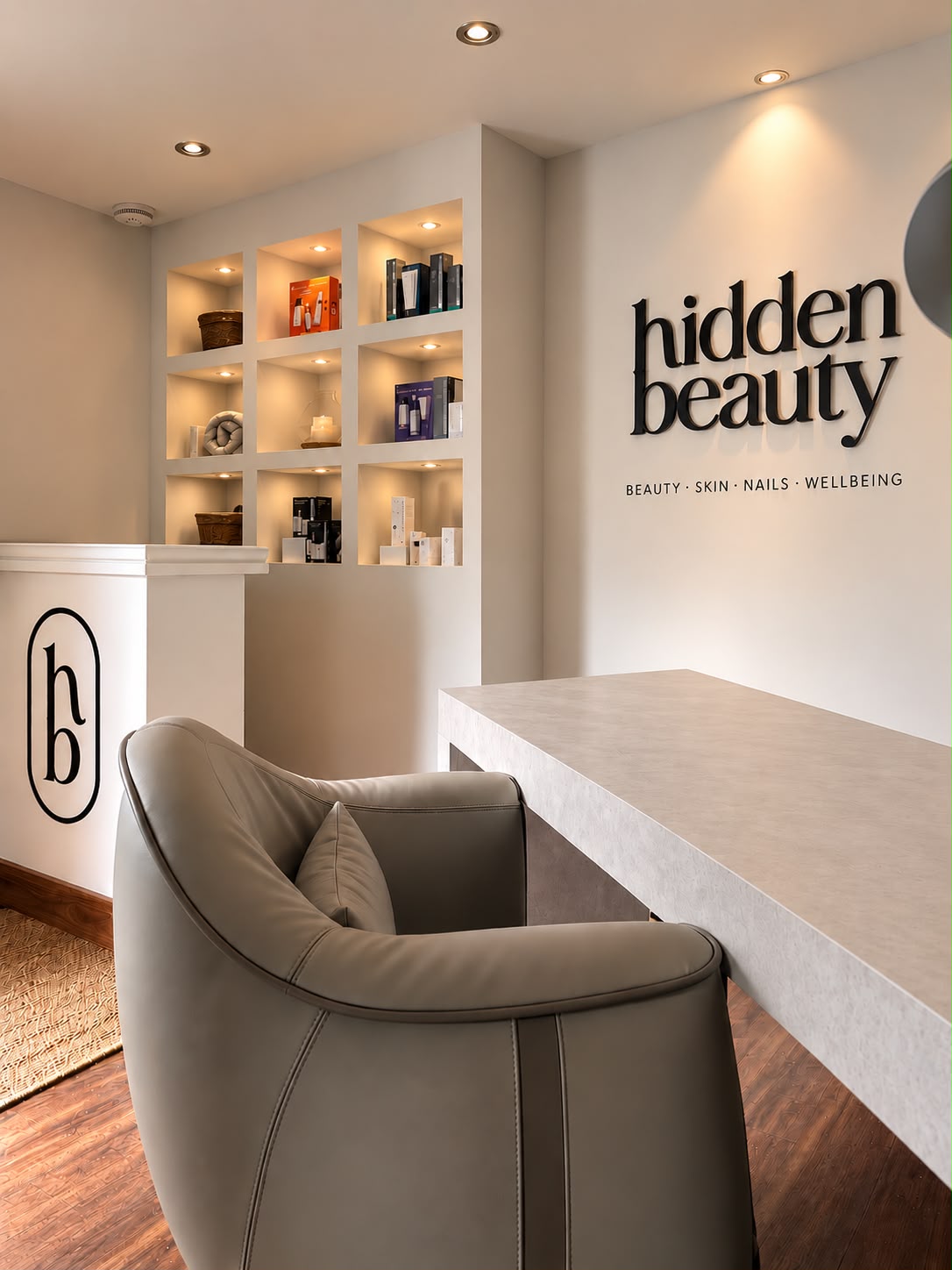 The Hidden Beauty reception desk, with the wordmark on the wall and lit display shelves of professional skincare