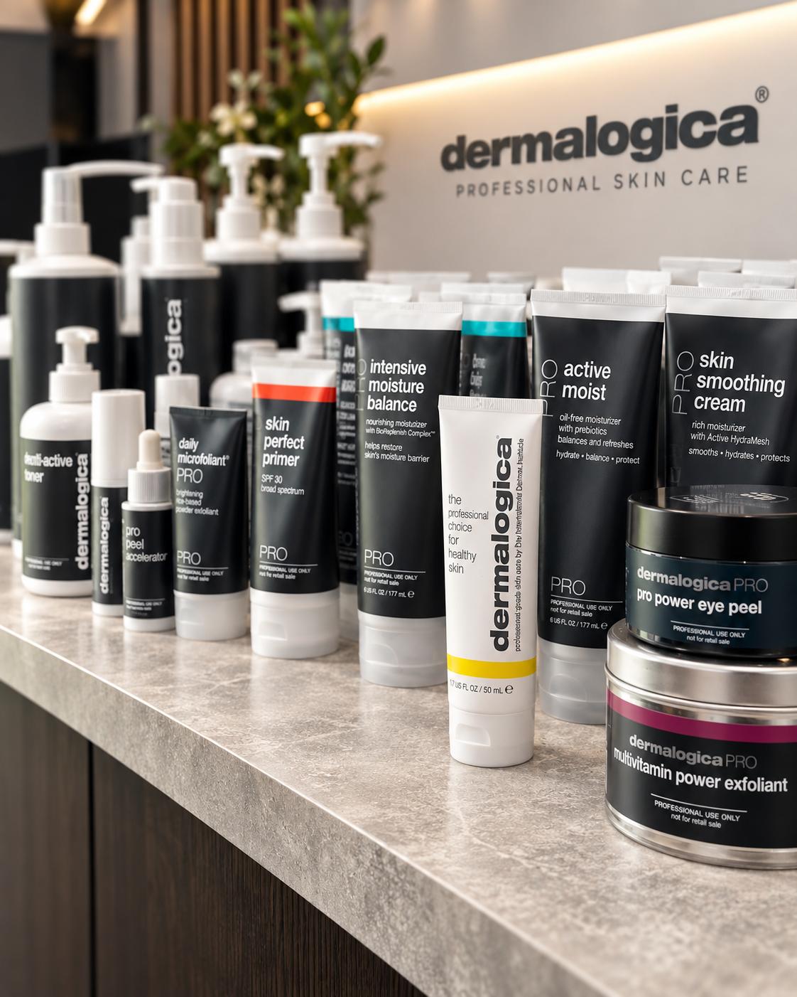 The professional Dermalogica range on the treatment room counter