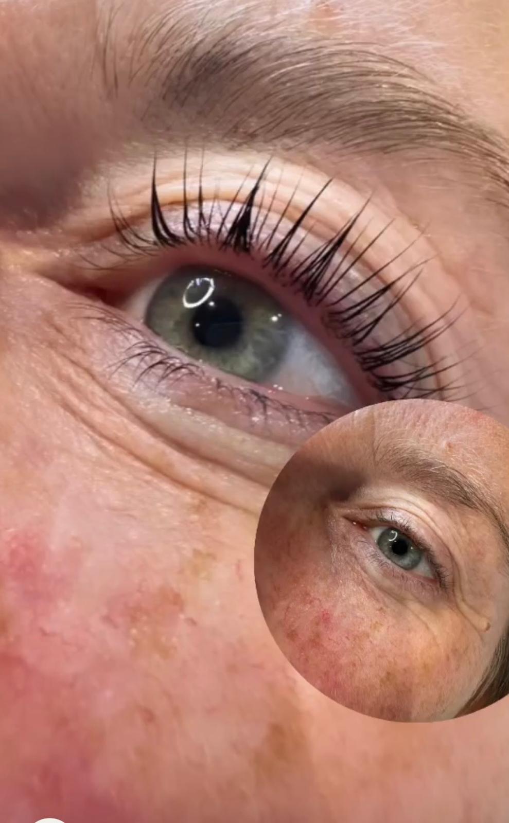 A lash lift shown before and after treatment